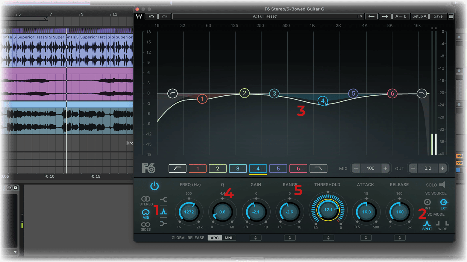 ボーカルにWaves F6ダイナミックEQを使用している様子