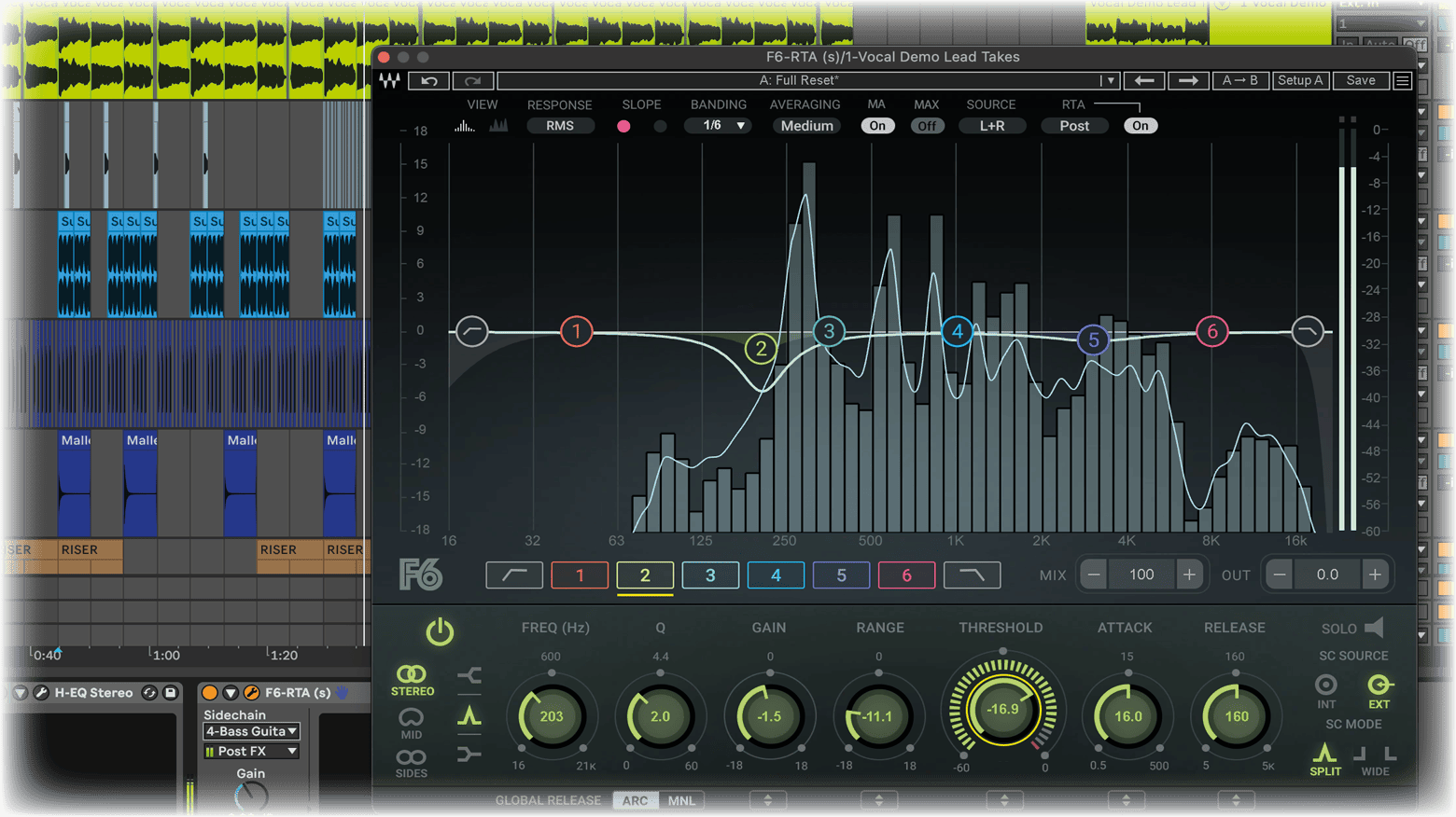 ギターにインサートされたWaves F6のバンドに、ボーカルトラックからサイドチェインを入力している様子