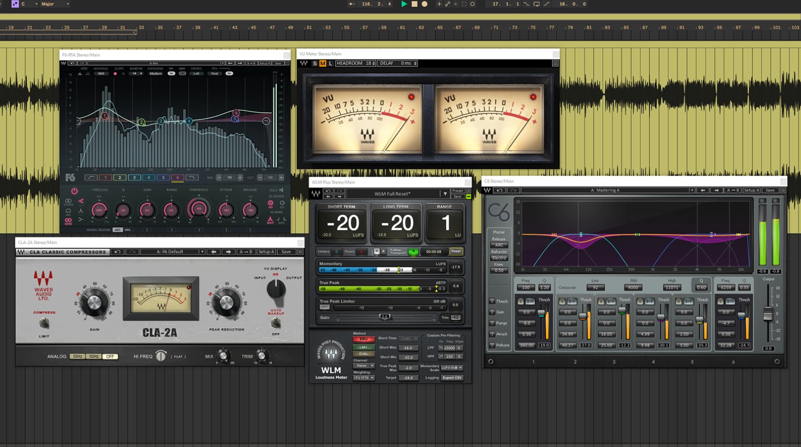 WLM Plus Loudness Meter、Waves VU Meter、F6 RTA EQ、C6 Multiband Compressor、CLA-2A Compressorなど、Ableton Liveプロジェクト内で開かれているさまざまなWavesプラグインの図