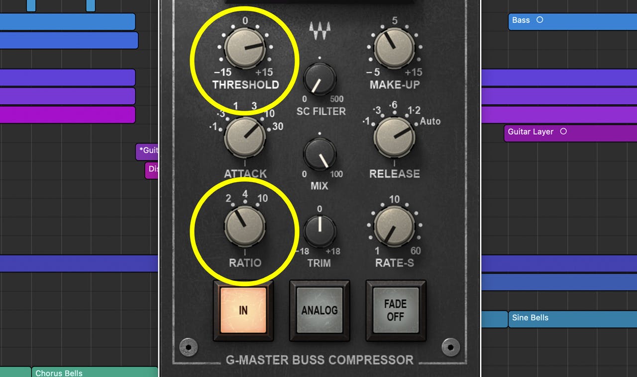 SSL Buss Compressorでのスレッショルドとレシオの設定