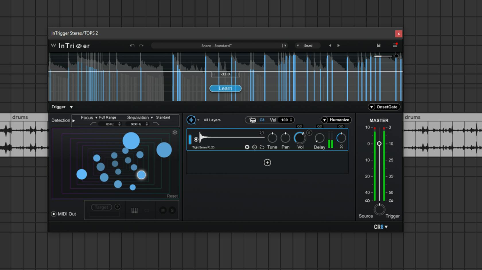 Ableton LiveのプロジェクトでInTrigger Drum Replacerがループ内のスネアを置き換えている画面