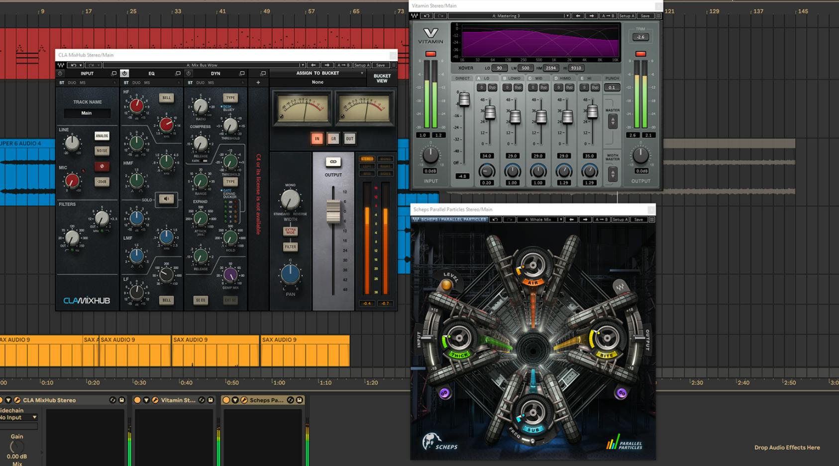 Ableton Liveのプロジェクトで、Waves の CLA MixHub、Vitamin、Scheps Parallel Particlesの3つのプラグインを使用している画面