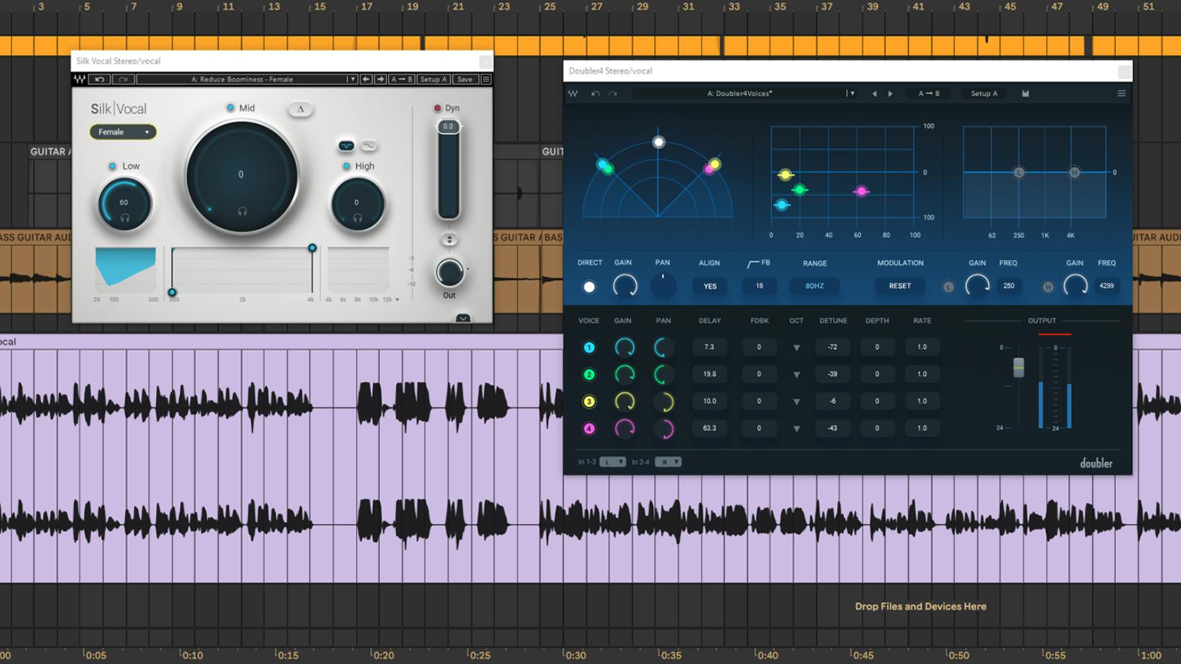 Ableton LiveのプロジェクトでボーカルトラックにWaves Silk VocalとDoublerを使用している画面